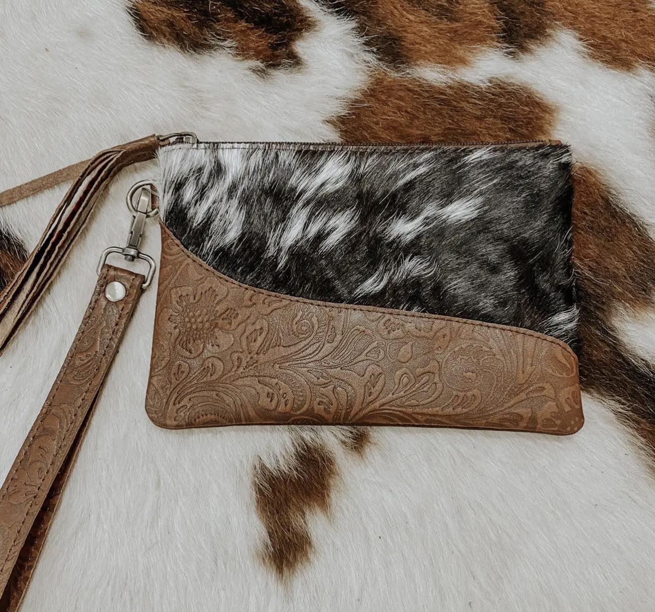 Embossed Leather Cowhide Wristlet