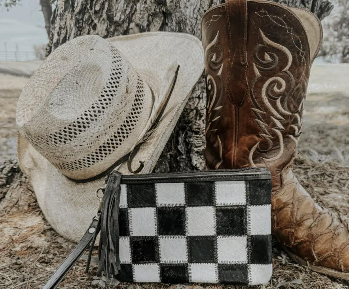 STOCKYARD CHECKERED COWHIDE WRISTLET