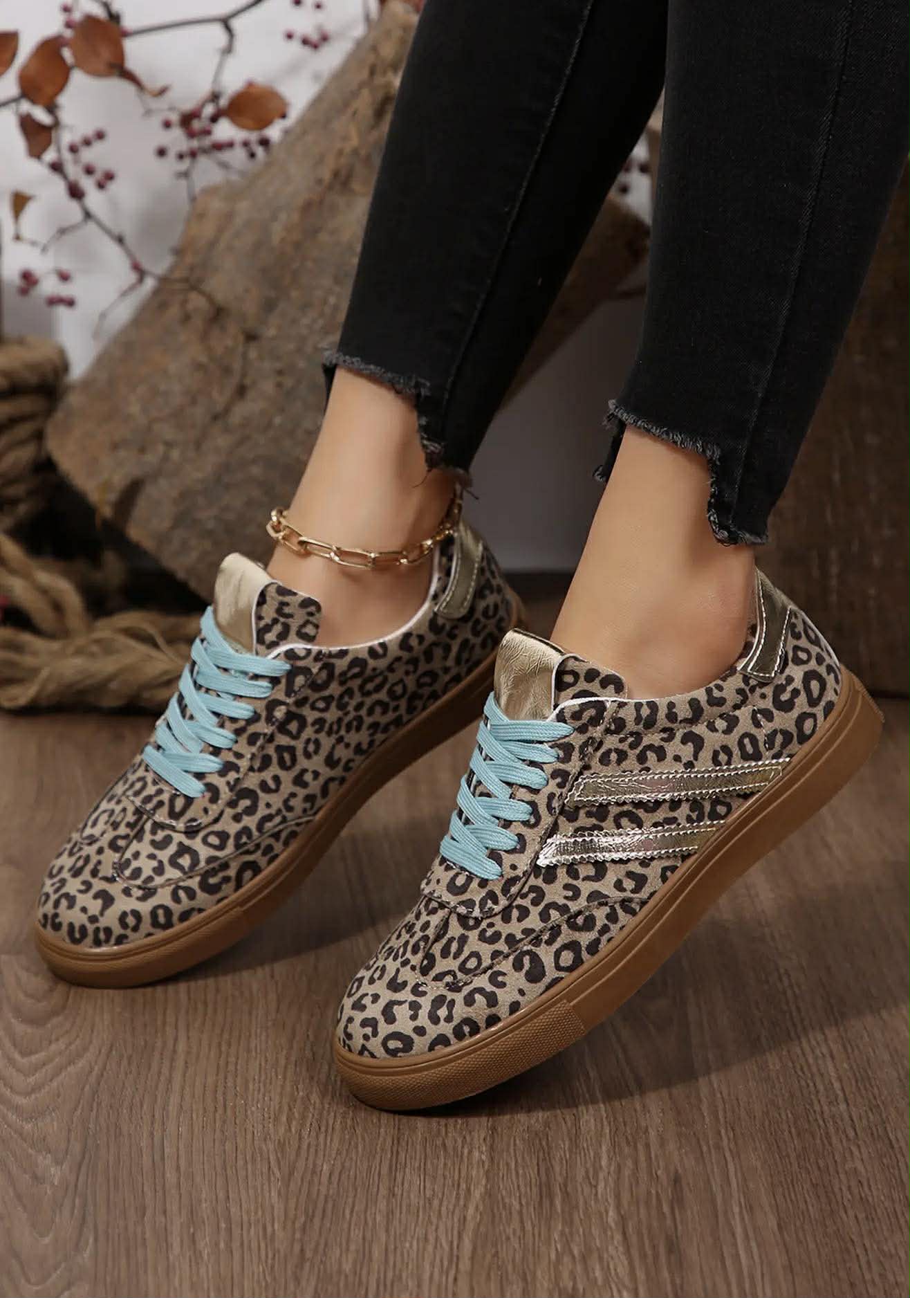 LEOPARD PRINT SLEEK LEATHER LACE UP SNEAKERS