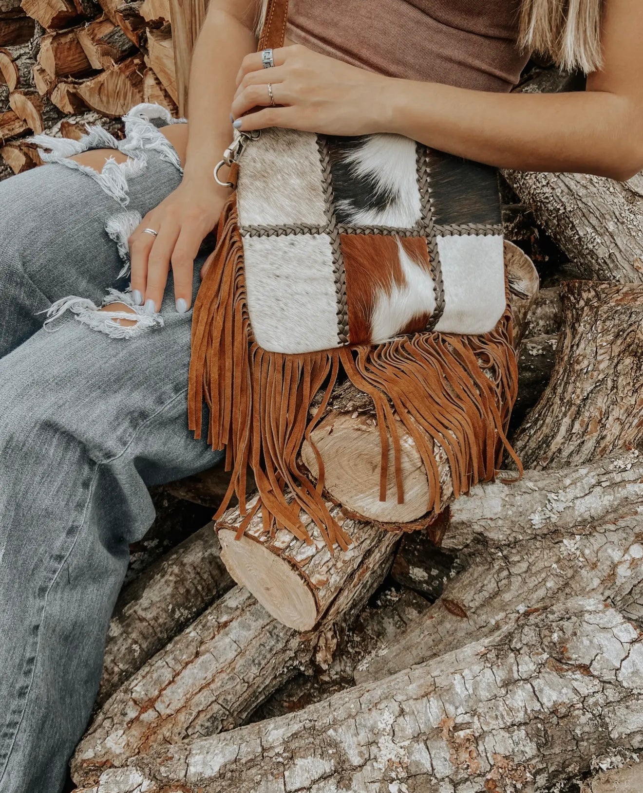 PATCHWORK COWHIDE FRINGE WESTERN PURSE