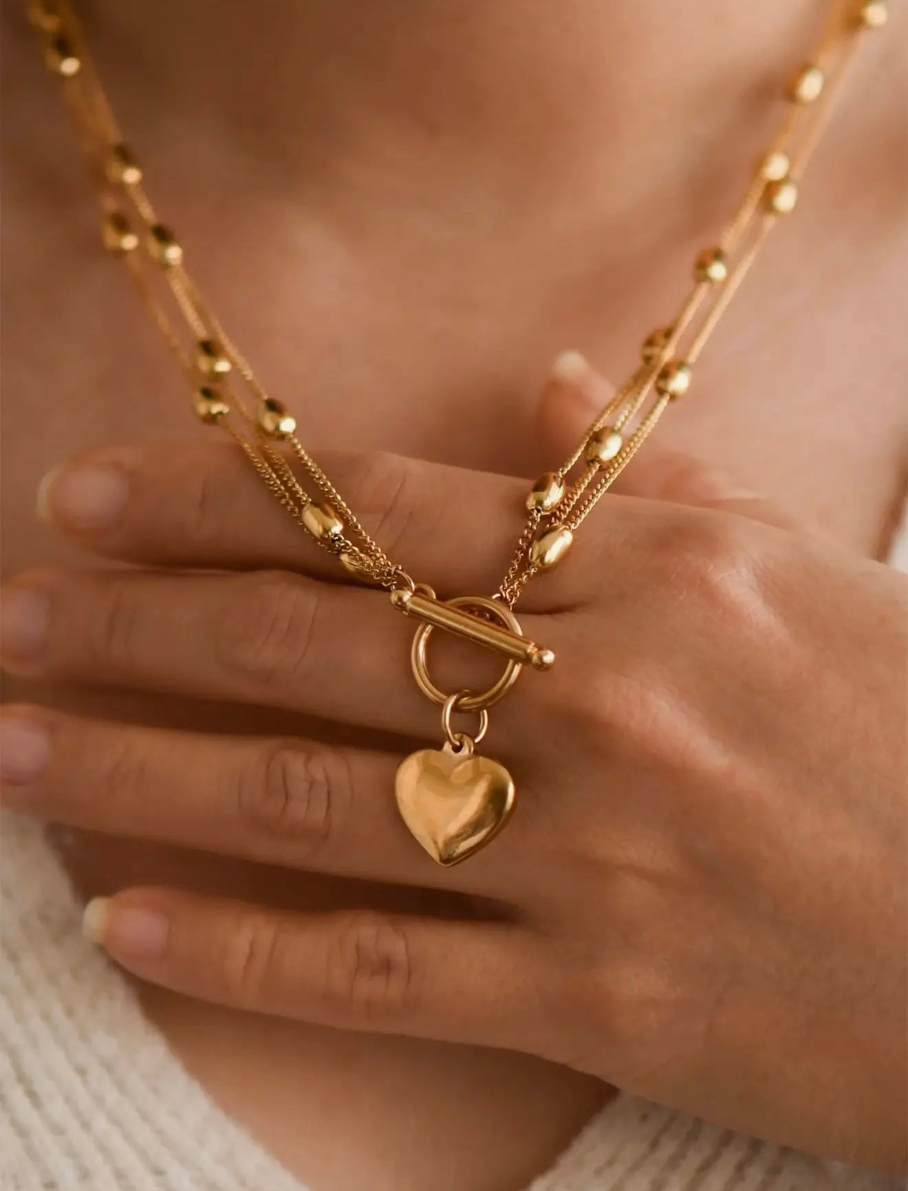 HEART TOGGLE BEADED CHAIN TRIPLE LAYER NECKLACE