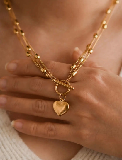 HEART TOGGLE BEADED CHAIN TRIPLE LAYER NECKLACE