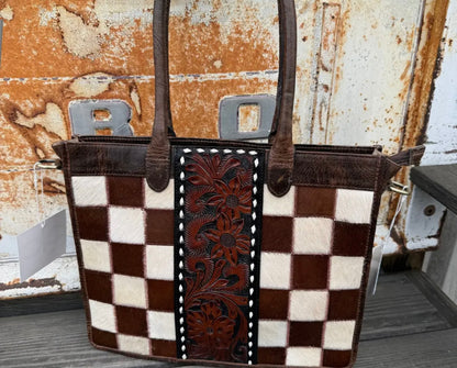 COWHIDE CHECKERED TOTE HANDBAG