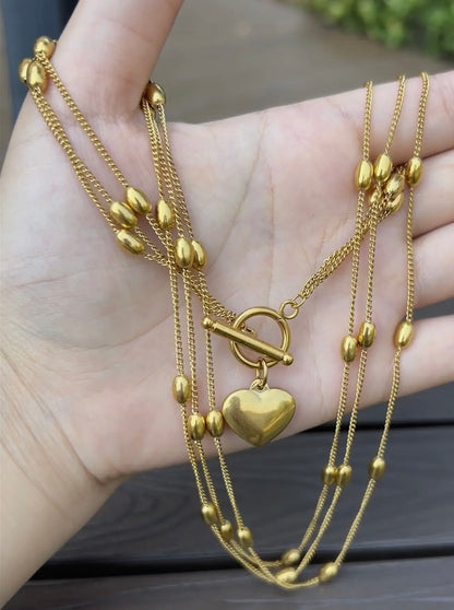 HEART TOGGLE BEADED CHAIN TRIPLE LAYER NECKLACE