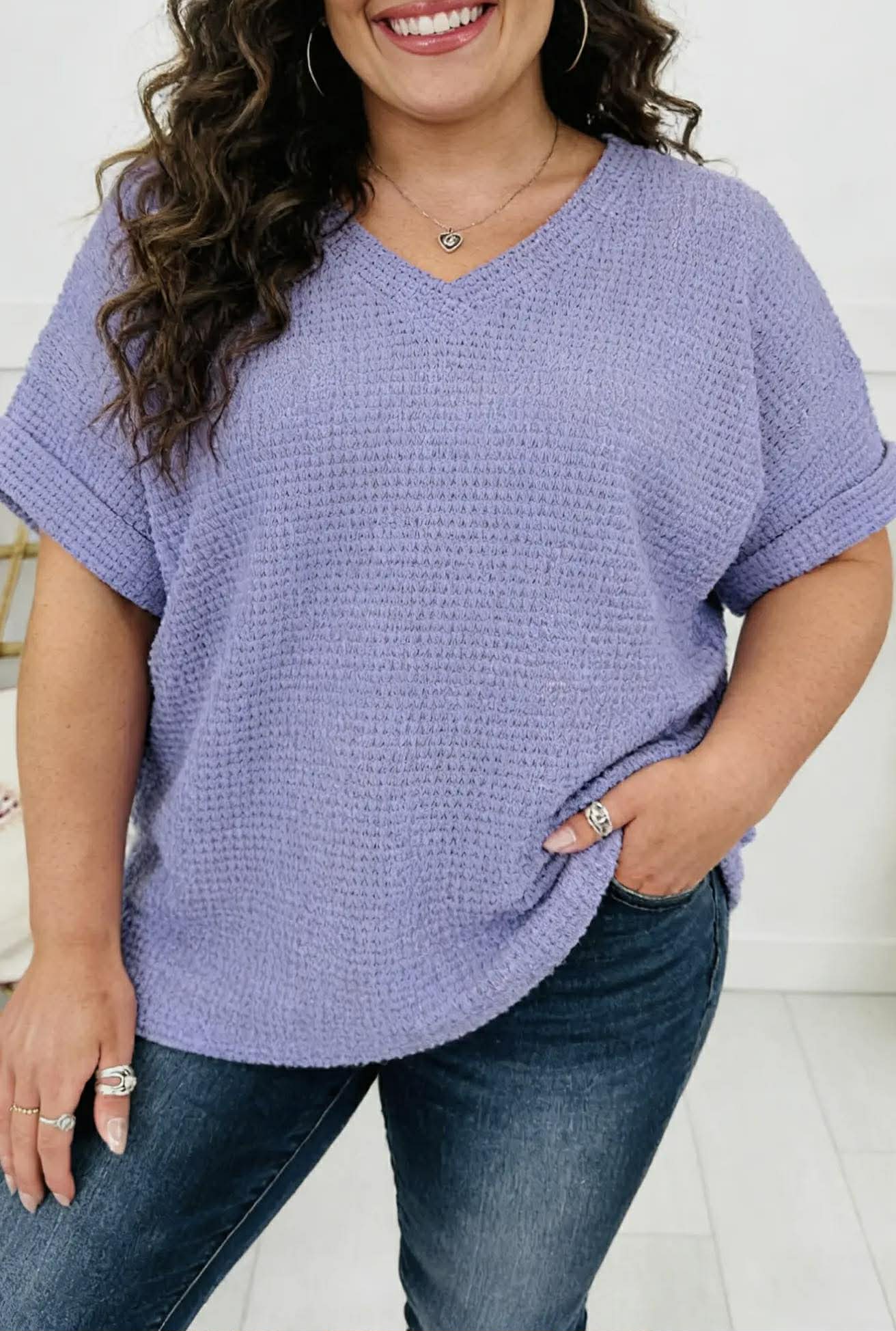 WAFFLE V NECK SHORT SLEEVE KNIT TOP