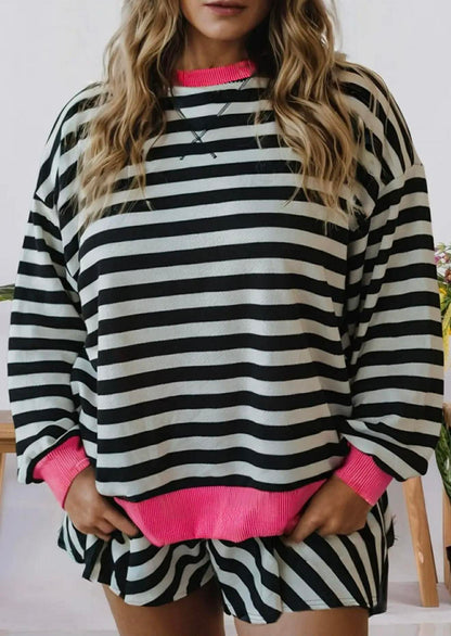 STRIPE COLOR BLOCK EDGE PULLOVER & SHORT SET