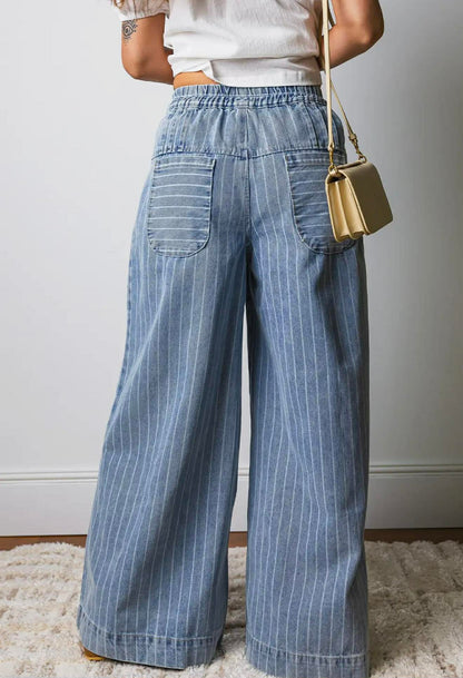 BUTTON PLEATED DRAWSTING WAIST WIDE LEG JEANS