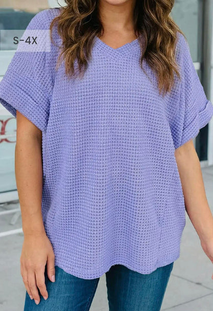 WAFFLE V NECK SHORT SLEEVE KNIT TOP