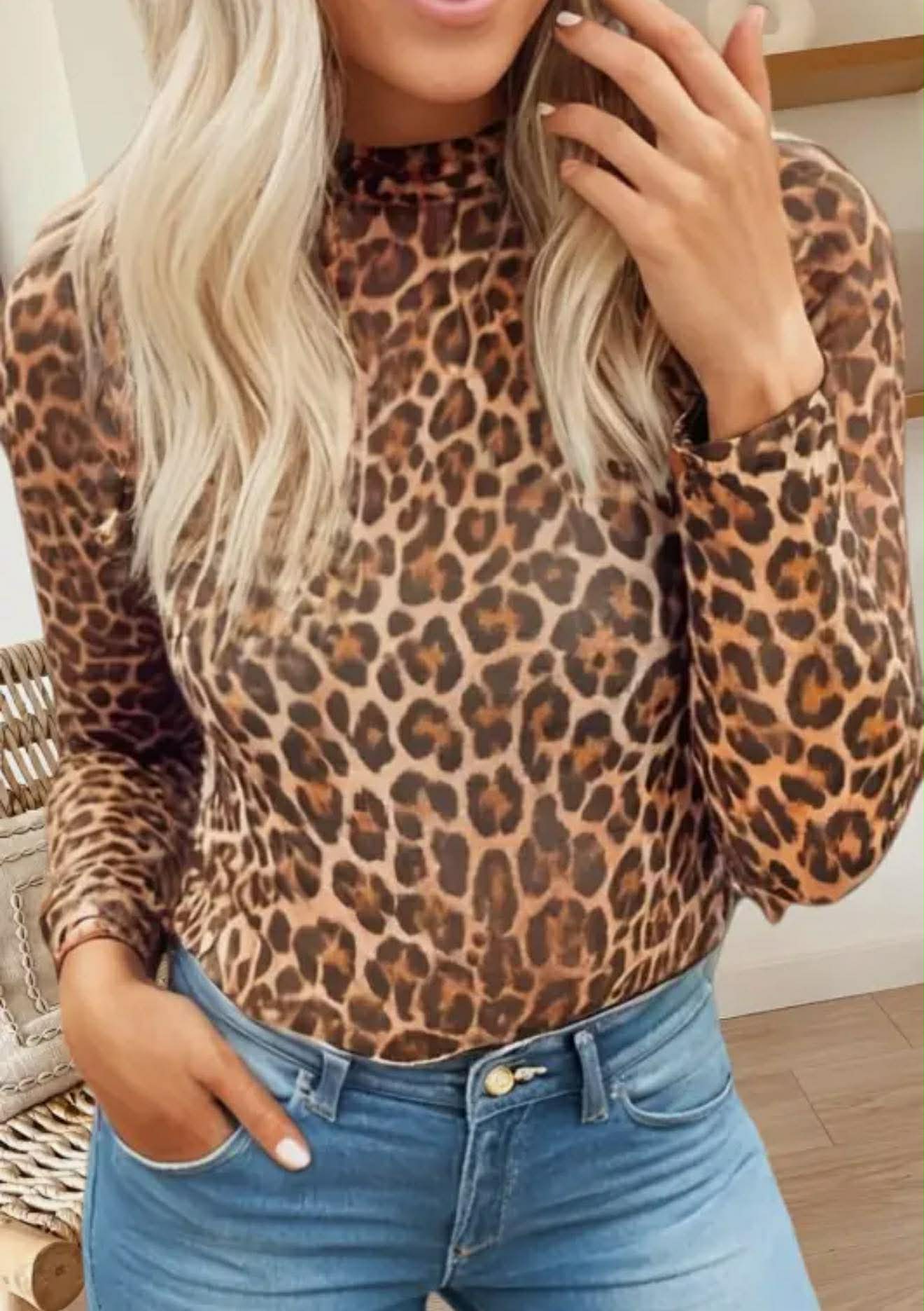 LEOPARD MOCK NECK MESH TOP