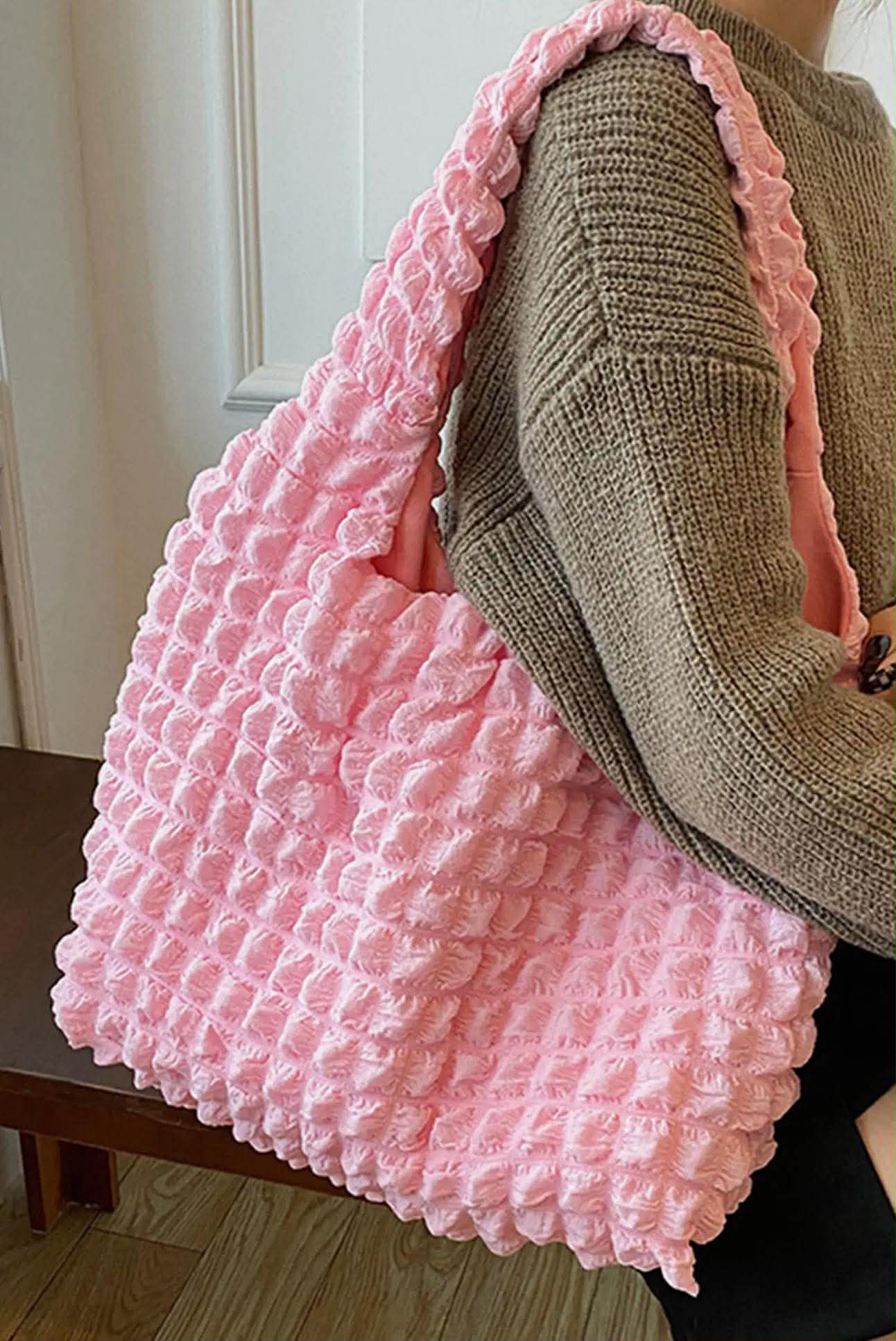 SOLID BUBBLE TEXTURED LARGE TOTE BAG