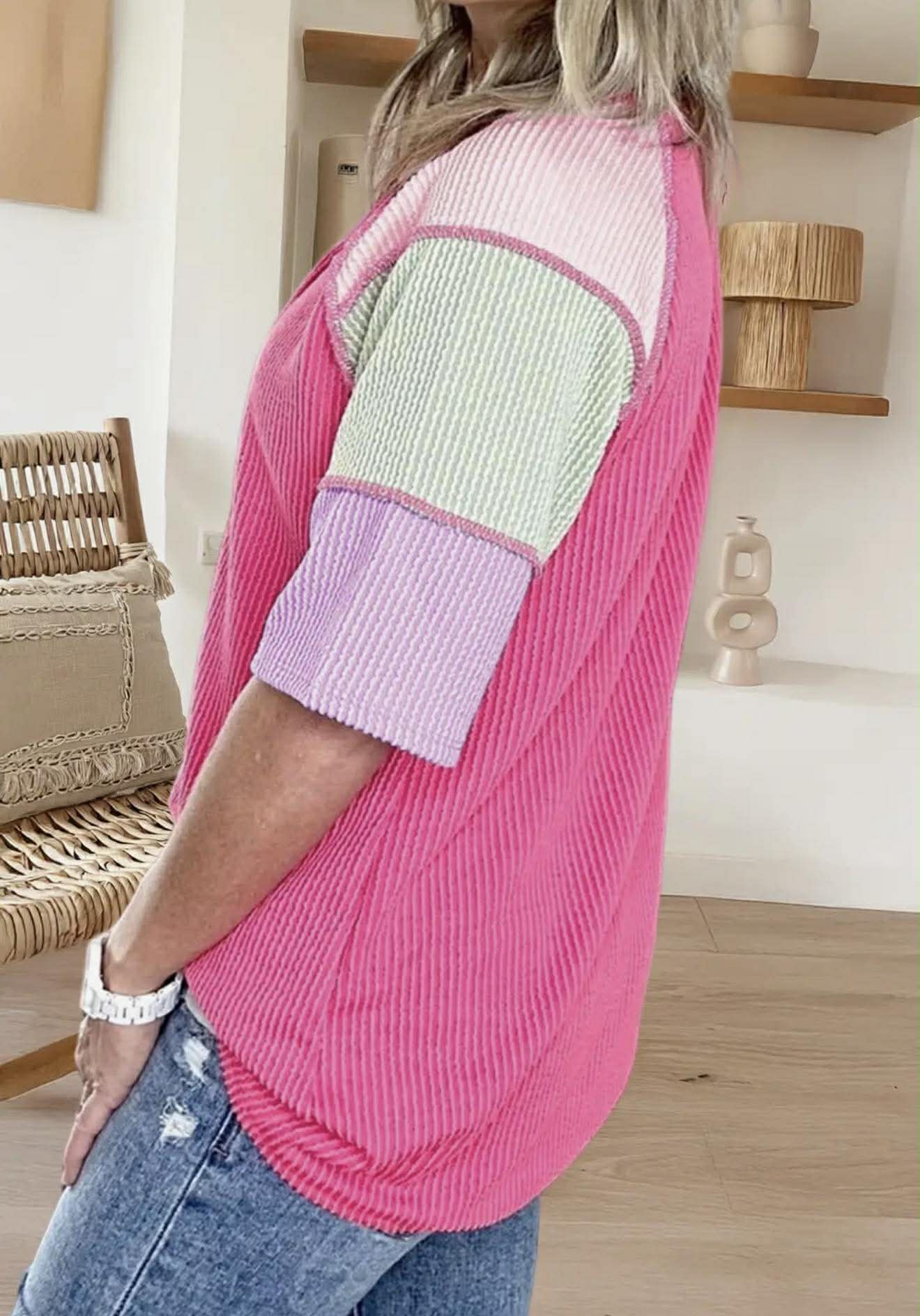 TWISTED RIBBED COLOR BLOCK HENLEY TOP