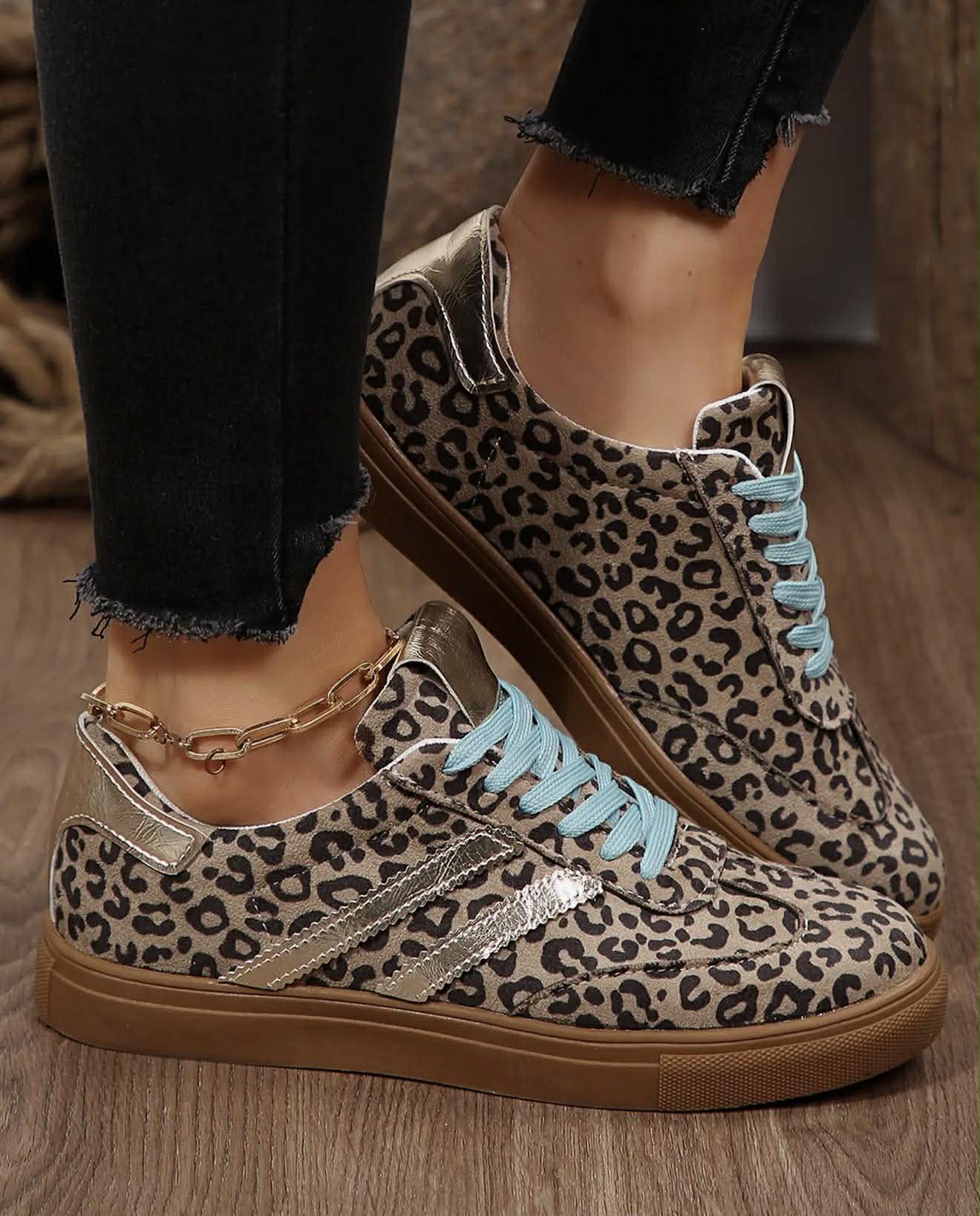 LEOPARD PRINT SLEEK LEATHER LACE UP SNEAKERS
