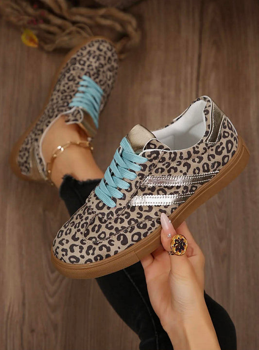 LEOPARD PRINT SLEEK LEATHER LACE UP SNEAKERS