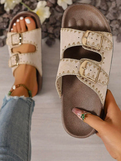 EMBORIDERED TRIM BUCKLE SUEDE SLIPPER