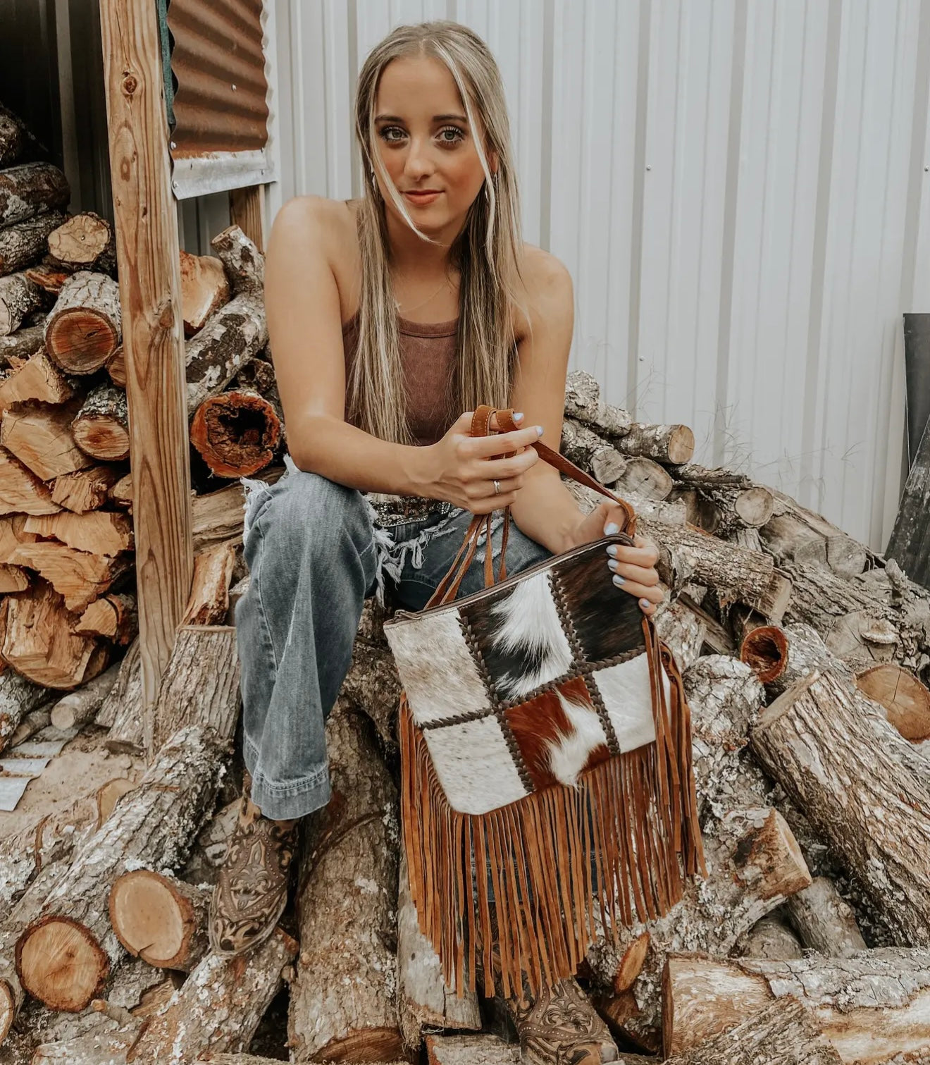 PATCHWORK COWHIDE FRINGE WESTERN PURSE