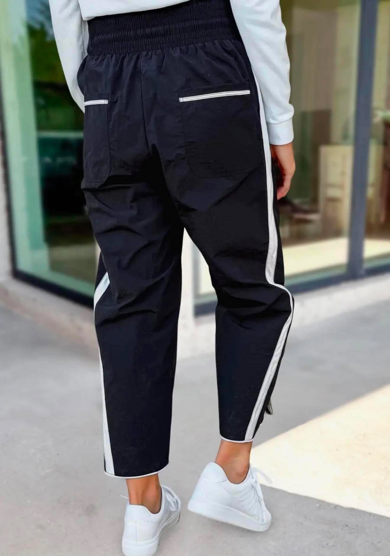 Stripe Smocked Waist Drawstring Pants Black