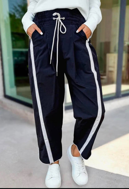 Stripe Smocked Waist Drawstring Pants Black