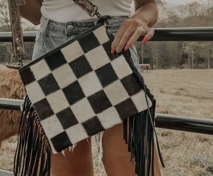 RODEO SQUARE COWHIDE CHECKERED PURSE