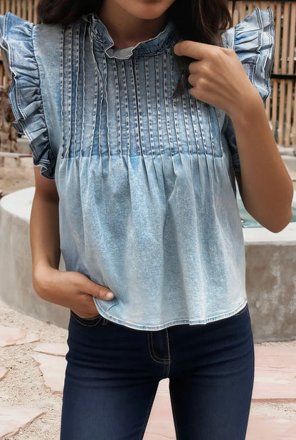 RUFFLE PLEATED DETAIL VINTAGE WASHED DENIM TOP