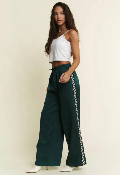 SOLID SATIN SWEATPANTS WITH SIDE CHECKERBOARD TAPE