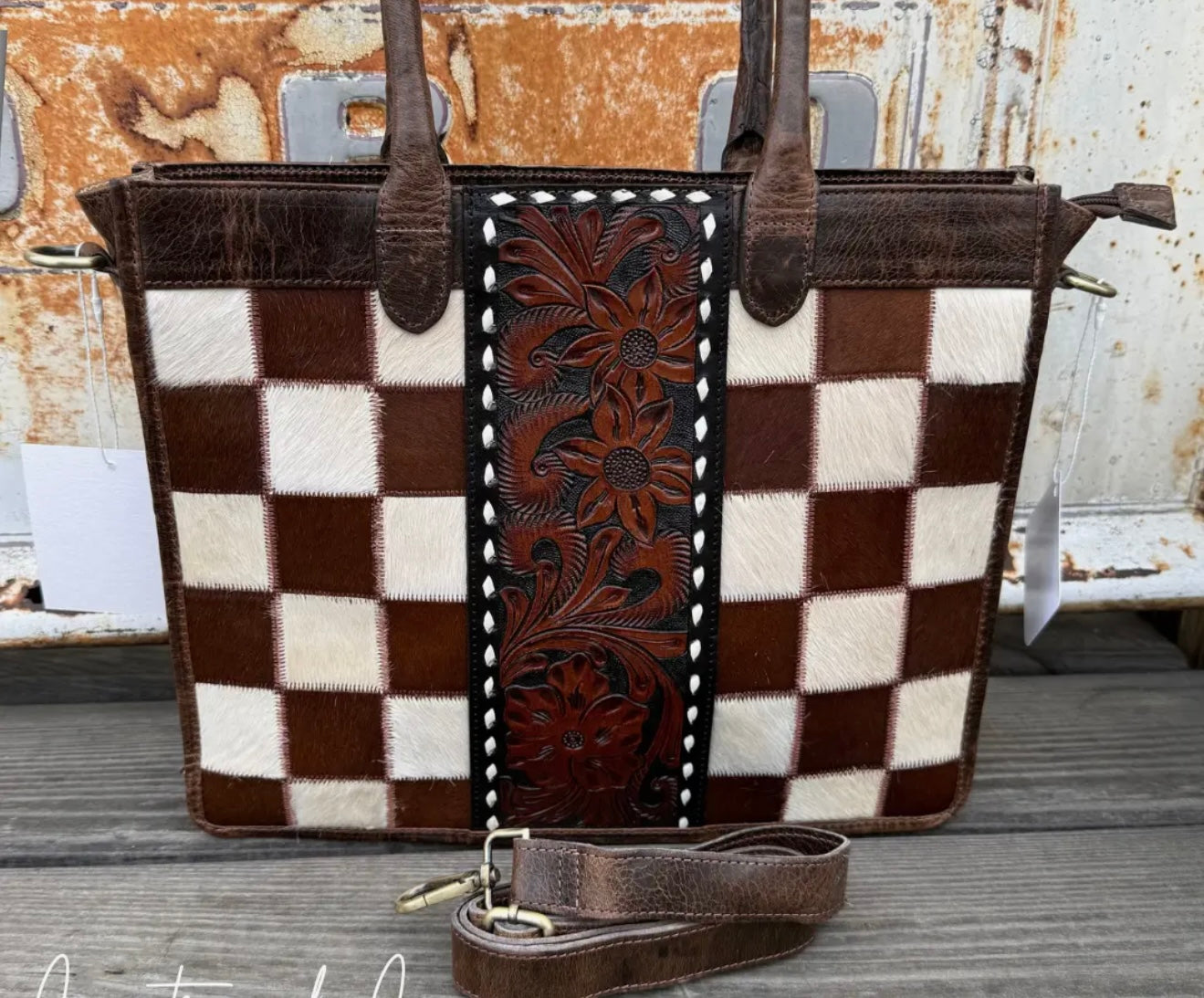 COWHIDE CHECKERED TOTE HANDBAG