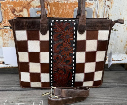 COWHIDE CHECKERED TOTE HANDBAG
