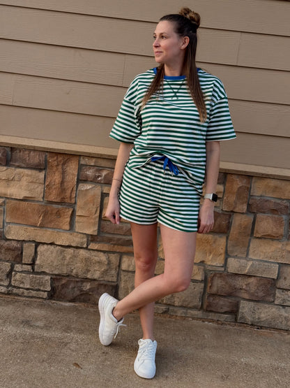 STRIPE CONTRAST TRIM BOXY TERRY TOP AND SHORT SET