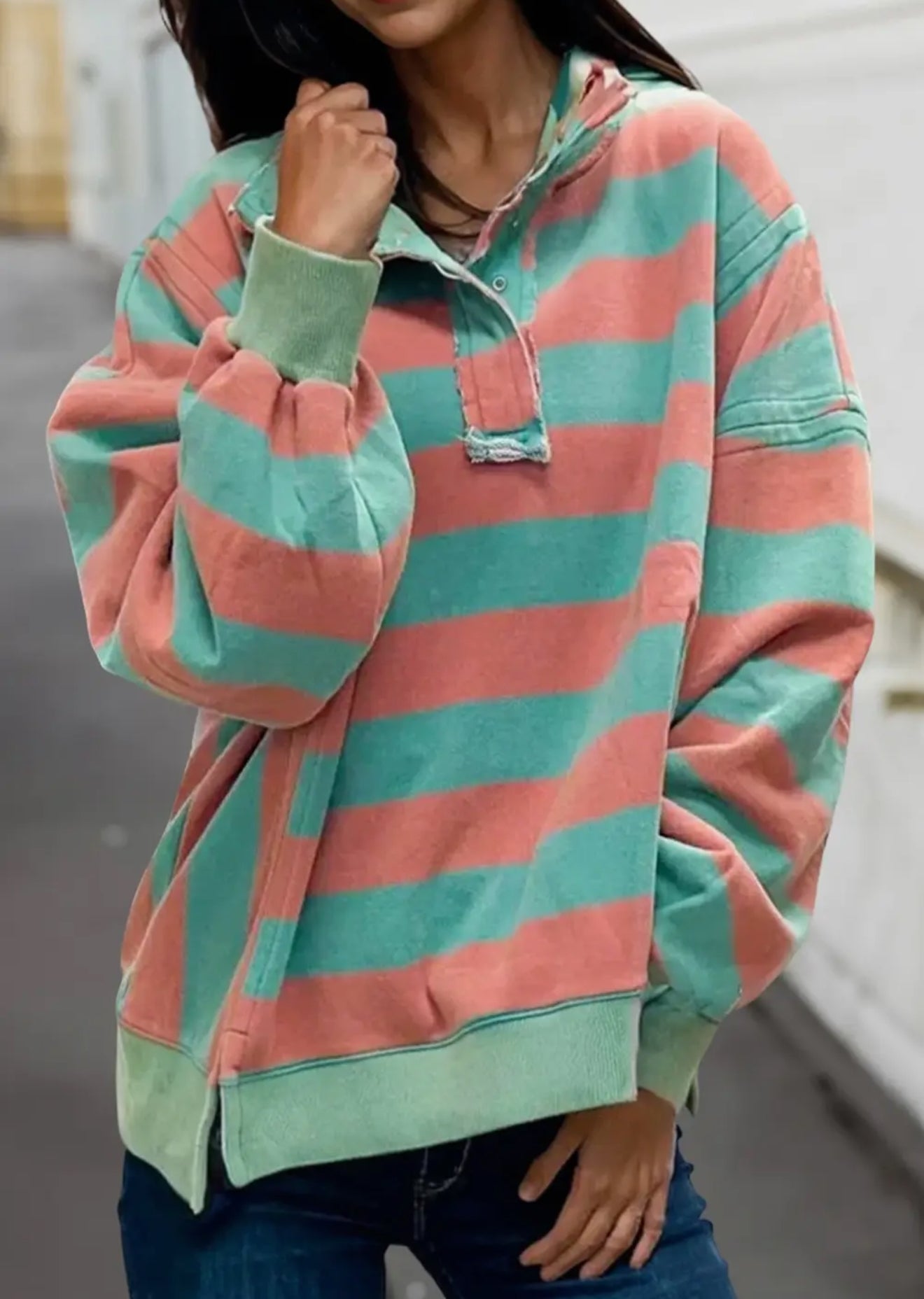 STRIPE COLOR BLOCK HENLEY NECK LONG SLEEVE