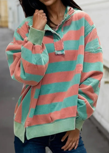 STRIPE COLOR BLOCK HENLEY NECK LONG SLEEVE