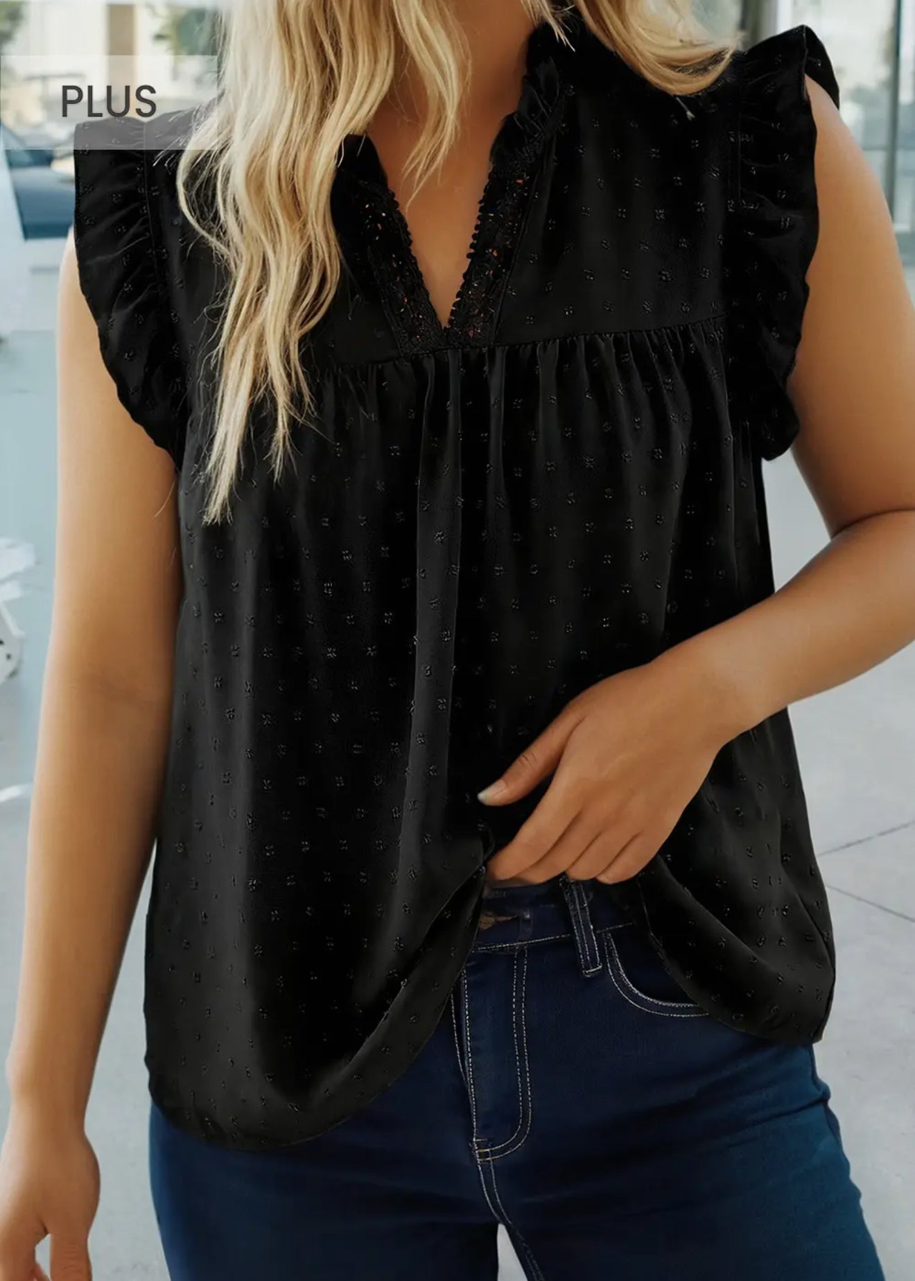 SWISS DOT RUFFLE LACE TRIM V NECK TANK