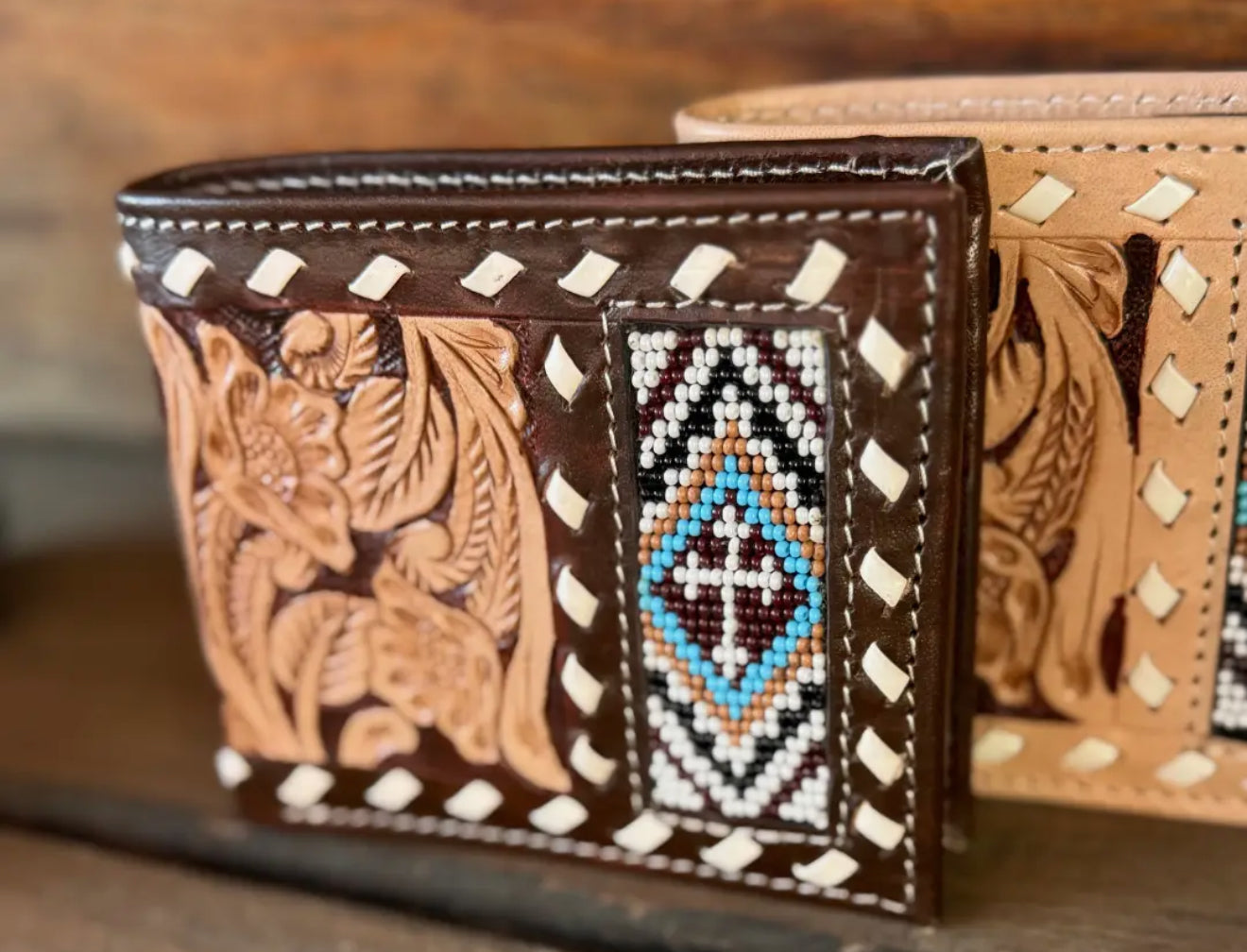 BEADED CROSS LEATHER MEN’S WALLET