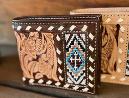 BEADED CROSS LEATHER MEN’S WALLET
