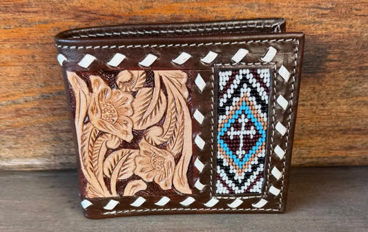 BEADED CROSS LEATHER MEN’S WALLET