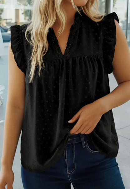 SWISS DOT RUFFLE LACE TRIM V NECK TANK
