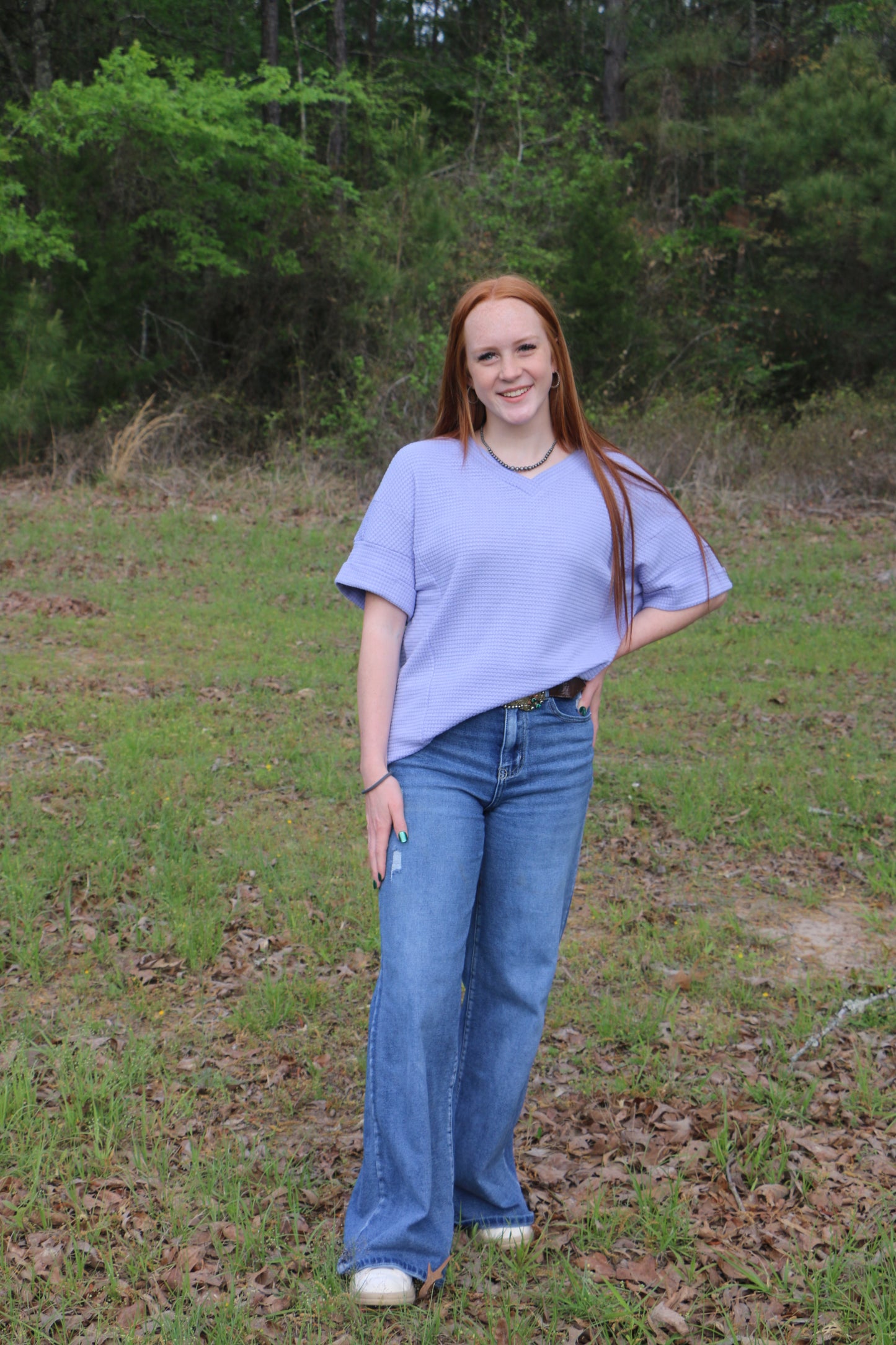 WAFFLE V NECK SHORT SLEEVE KNIT TOP