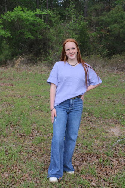 WAFFLE V NECK SHORT SLEEVE KNIT TOP