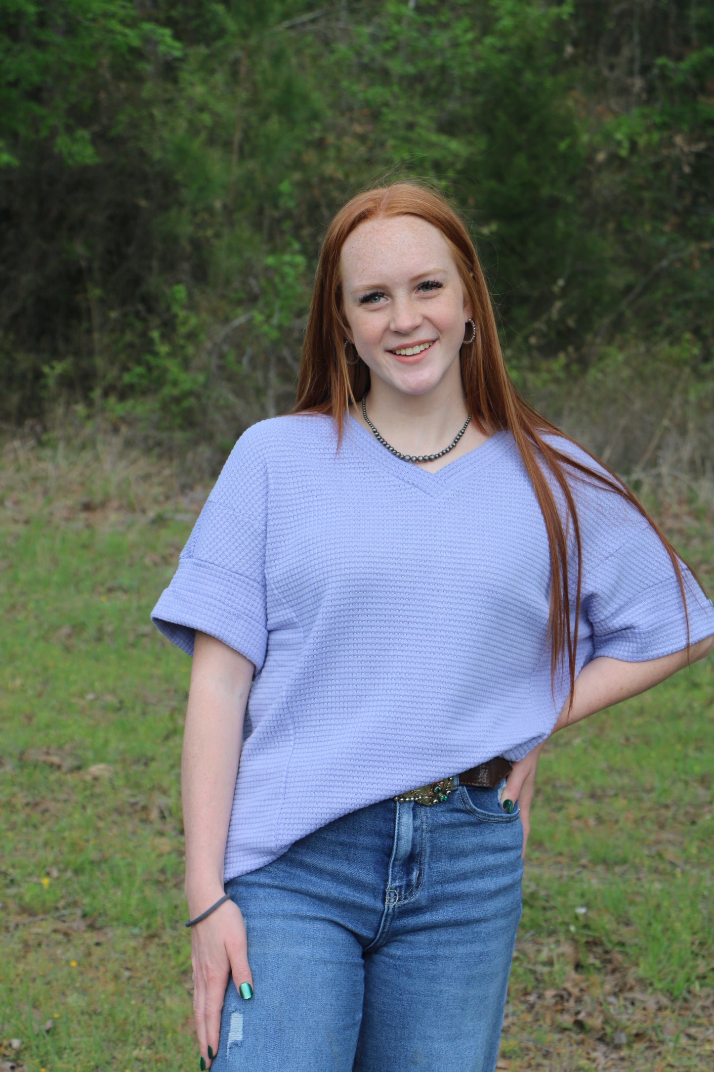 WAFFLE V NECK SHORT SLEEVE KNIT TOP