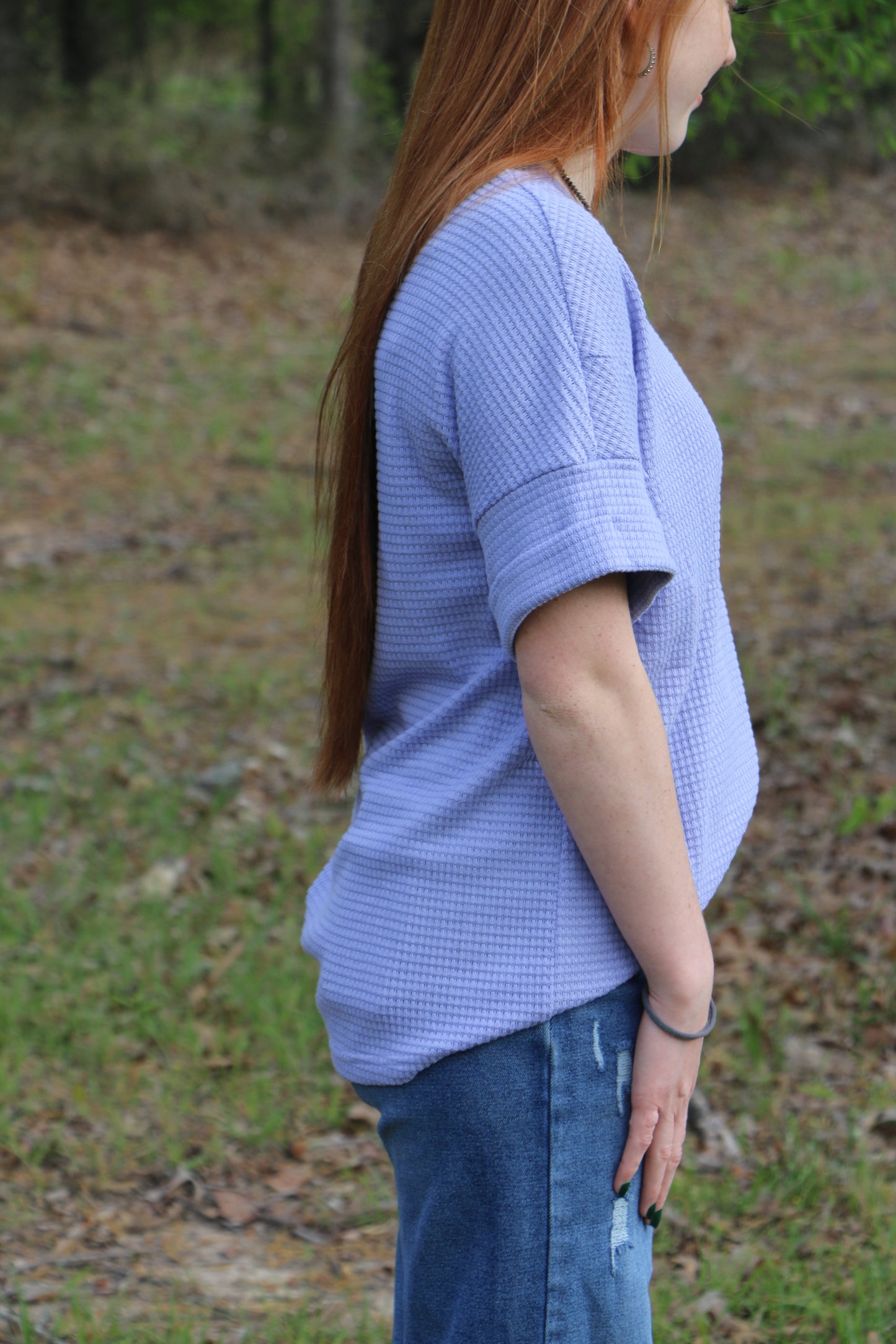 WAFFLE V NECK SHORT SLEEVE KNIT TOP